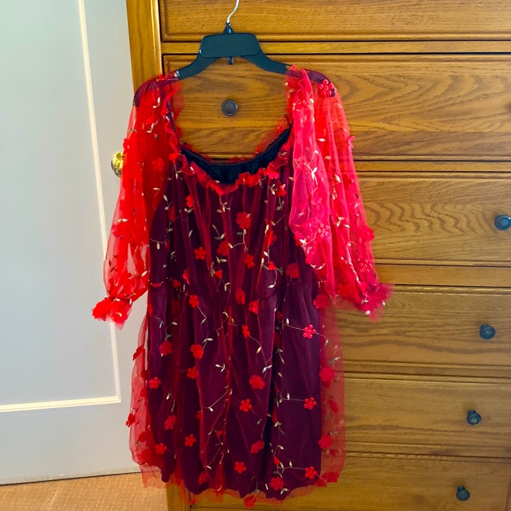 SHEIN Plus Plants embroidered Meah Bardot dress in Burgundy/Red size 18